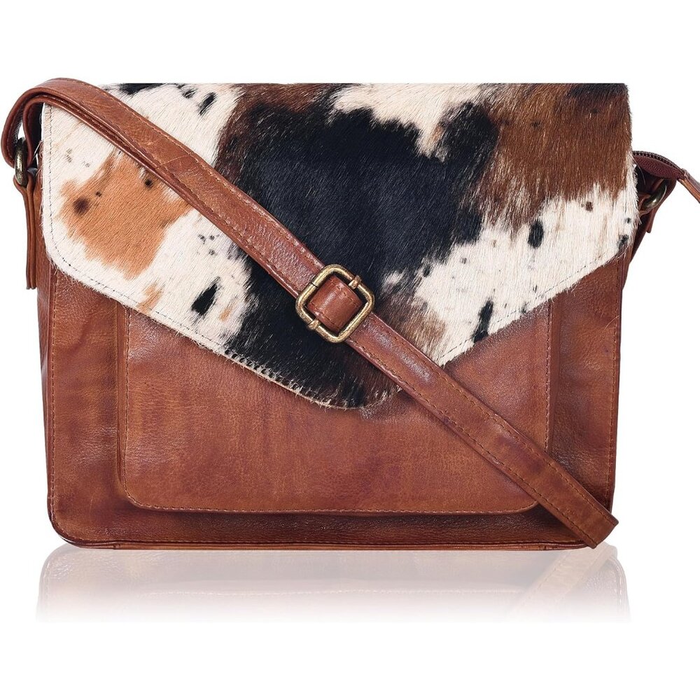 〽️Women Tan Wash Spotted Leather Flapover Crossbody Handbag Adjustable Strap